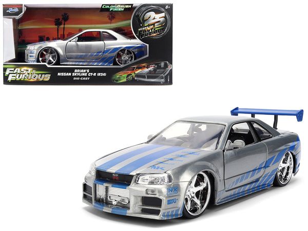Brian's Nissan Skyline GT-R (R34) RHD (Right Hand Drive) Brush Finish "2 Fast 2 Furious" (2003) Movie 25 Years of Fast & Furious Anniversary 1/24 by Jada