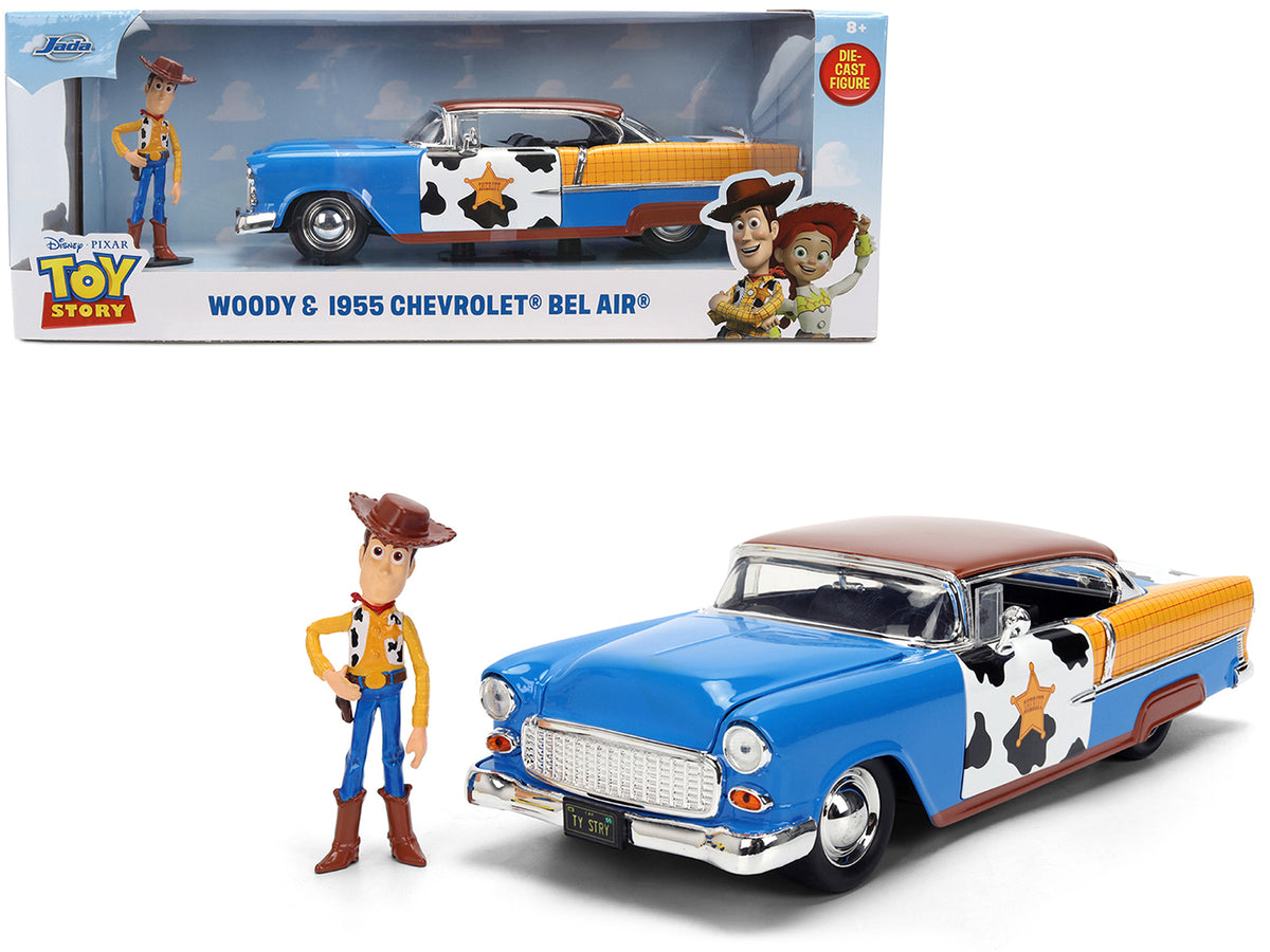 1955 Chevrolet Bel Air Blue with Graphics and Woody Diecast Figure "Toy Story" Franchise "Hollywood Rides" Series 1/24 Diecast Model Car by Jada