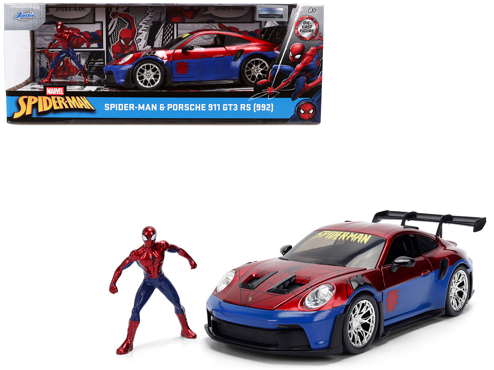 Porsche 911 GT3 RS (992) Red and Blue with Graphics and Spider-Man Diecast Figure "Marvel Spider-Man" "Hollywood Rides" Series 1/24 Diecast Model Car by Jada