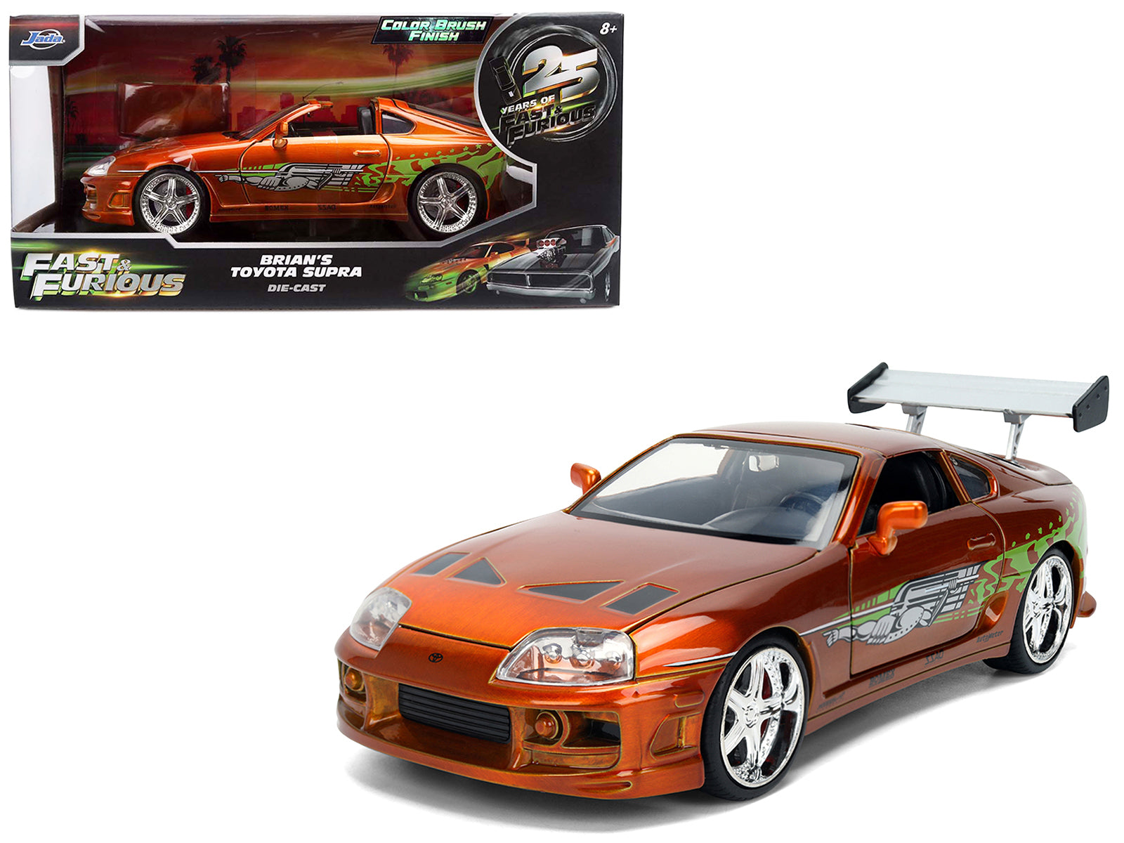 Brian's Toyota Supra Orange Color Brush Finish 25 Years of Fast & Furious Anniversary "The Fast and the Furious" (2001) Movie "Fast & Furious" Series 1/24 Diecast Model Car by Jada