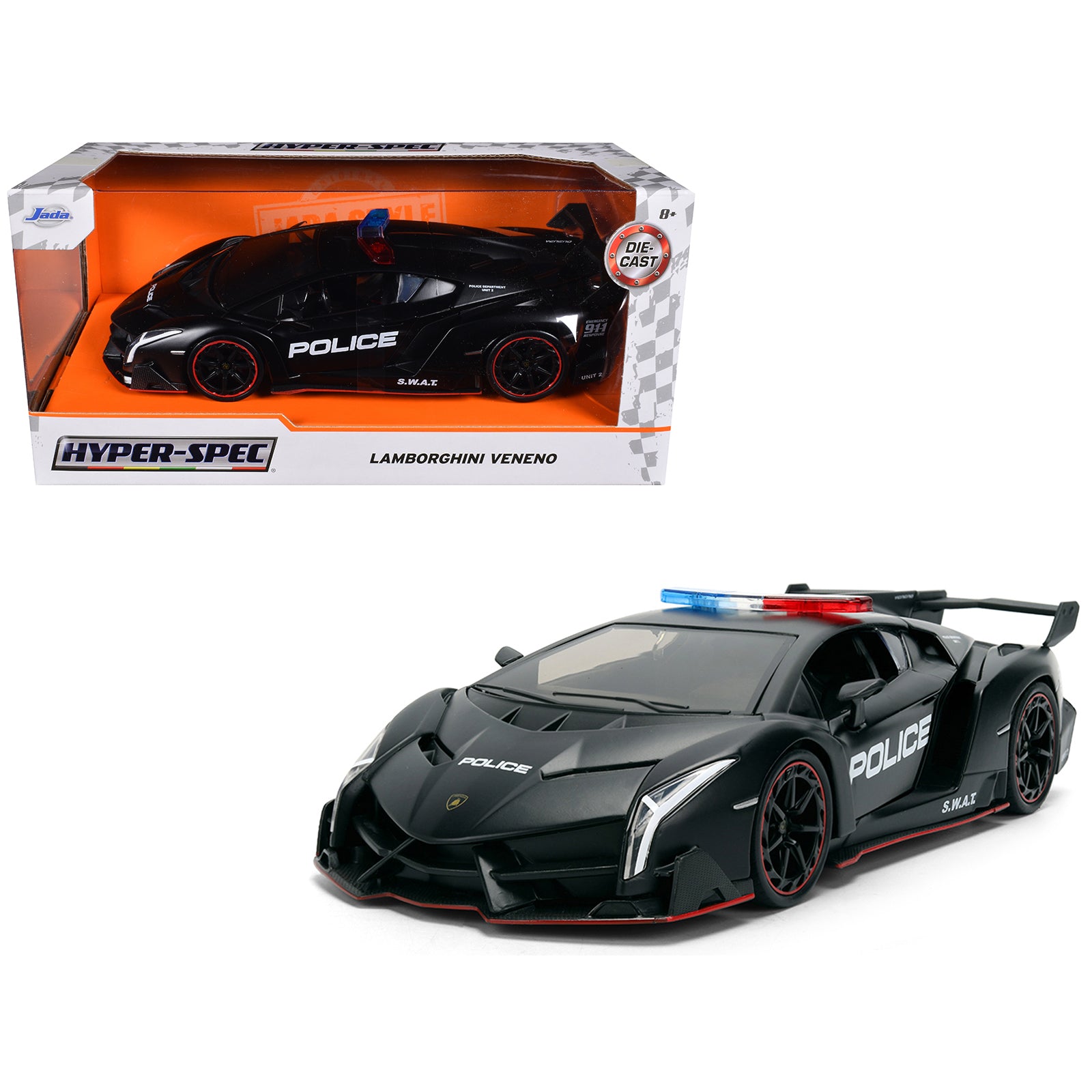 Lamborghini Veneno "Police" Matt Black "Hyper-Spec" Series 1/24 Diecast Model Car by Jada