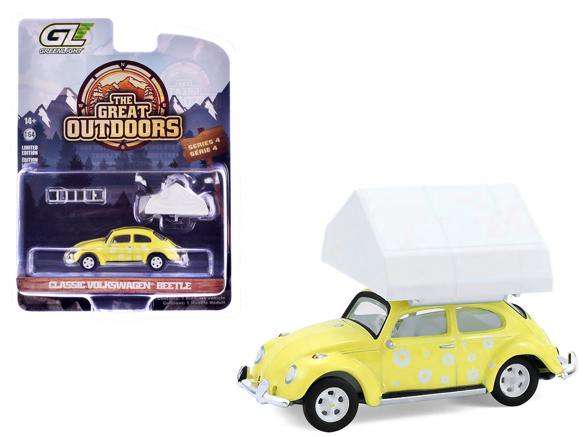 Volkswagen Classic Beetle Yellow with White Flower Graphics and Interior with Camp'otel Cartop Sleeper Tent "The Great Outdoors" Series 4 1/64 Diecast Model Car by Greenlight