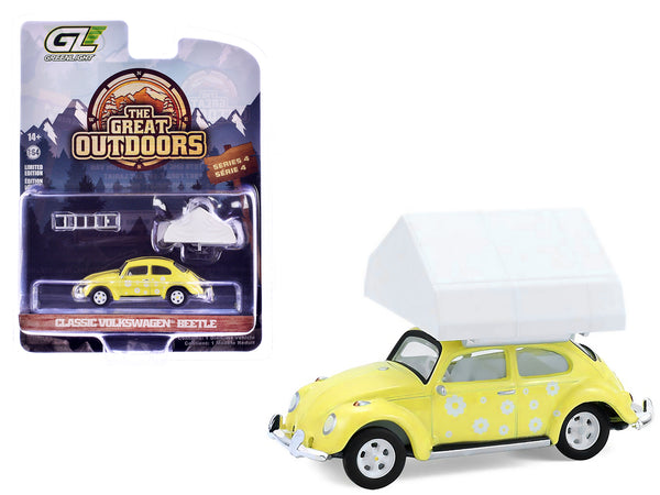 Volkswagen Classic Beetle Yellow with White Flower Graphics and Interior with Camp'otel Cartop Sleeper Tent "The Great Outdoors" Series 4 1/64 Diecast Model Car by Greenlight