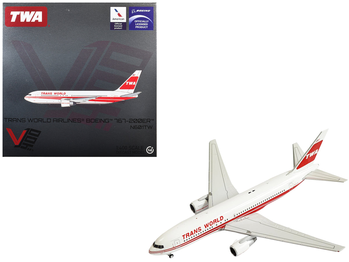 Boeing 767-200ER Commercial Aircraft "Trans World Airlines" (N601TW) White with Red Stripes 1/400 Diecast Model by V1:400