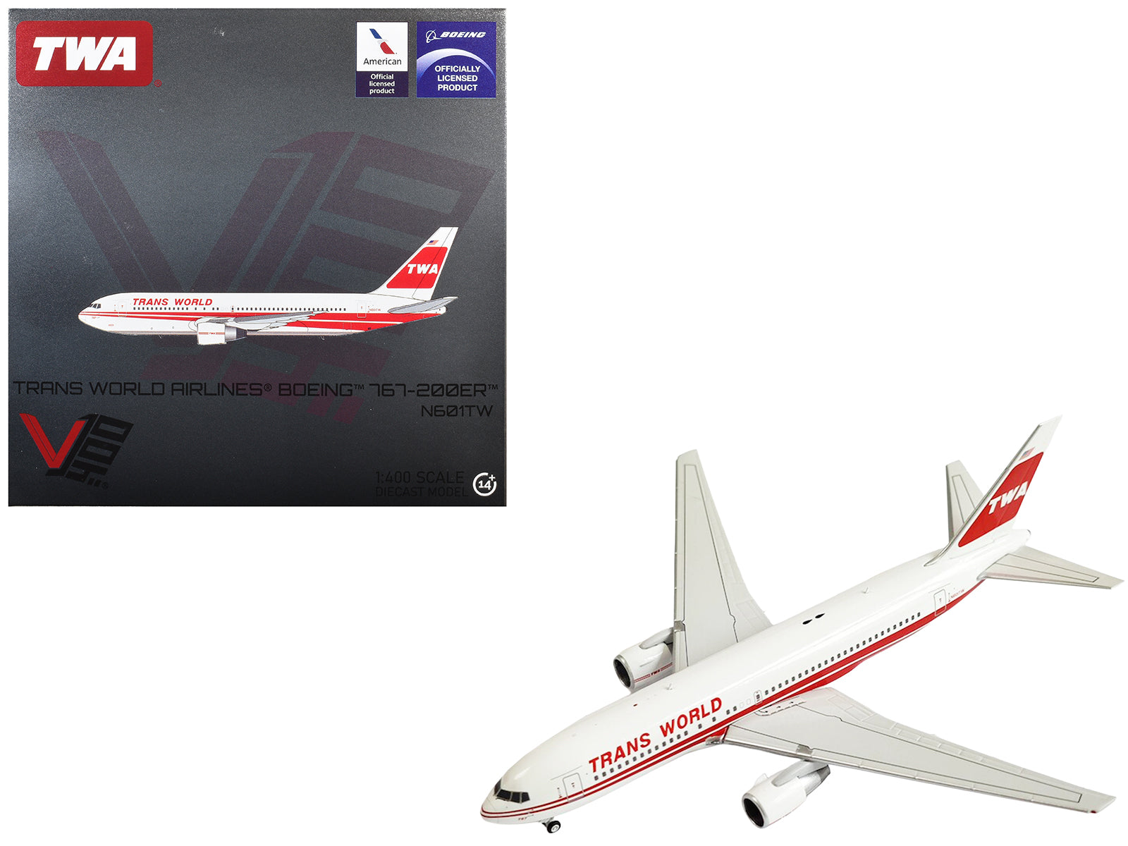 Boeing 767-200ER Commercial Aircraft "Trans World Airlines" (N601TW) White with Red Stripes 1/400 Diecast Model by V1:400