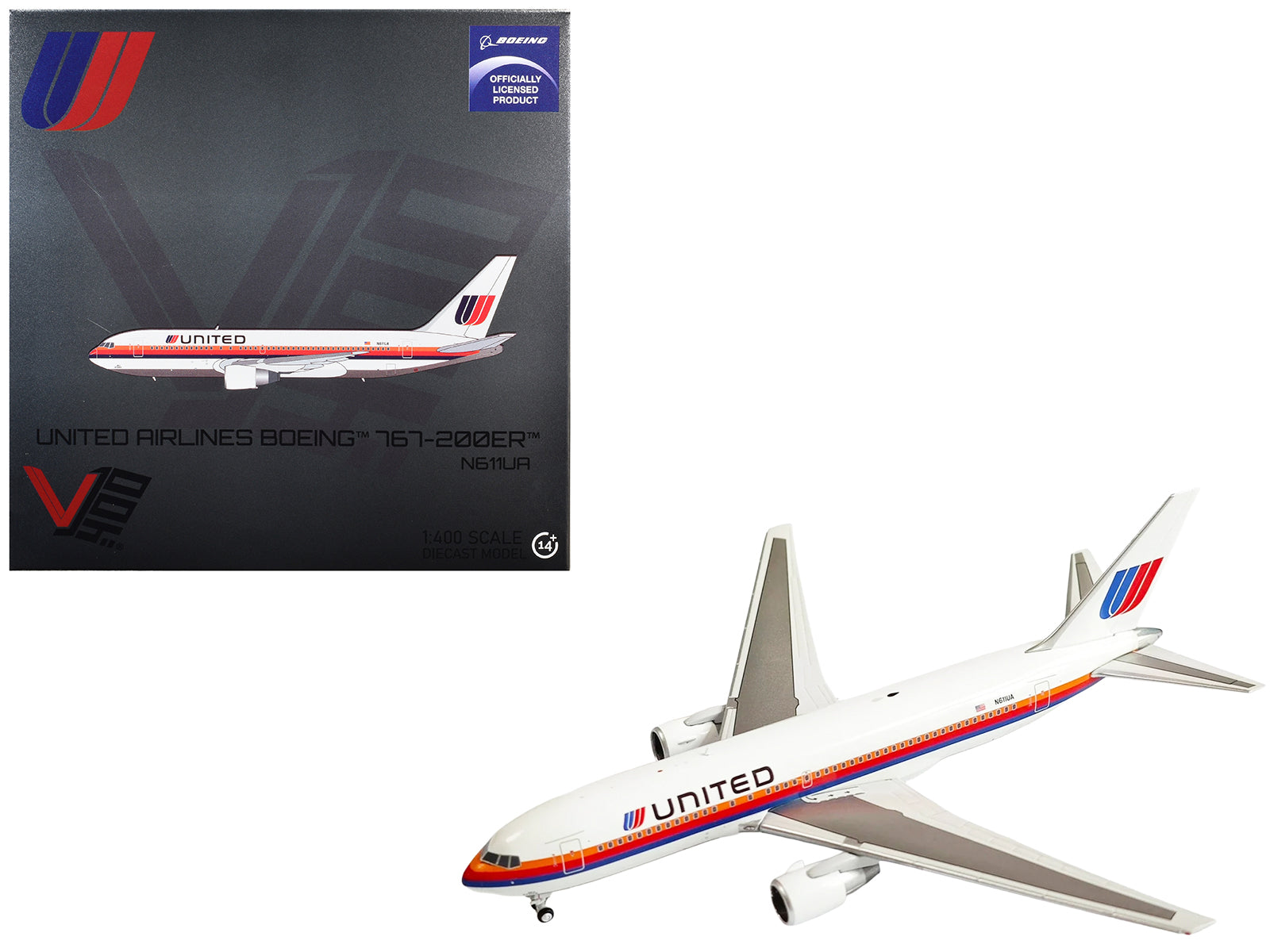 Boeing 767-200ER Commercial Aircraft "United Airlines" (N611UA) White with Stripes 1/400 Diecast Model by V1:400