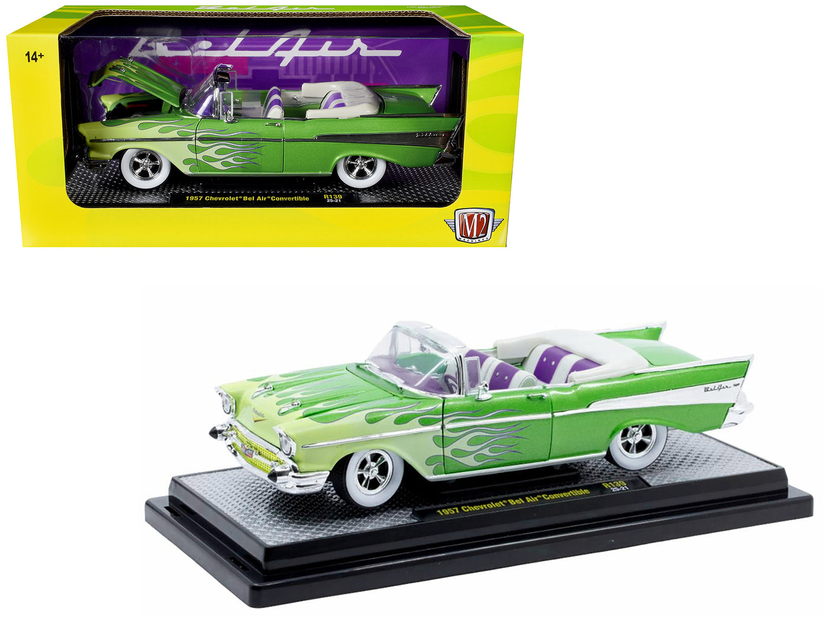 1957 Chevrolet Bel Air Convertible Green Metallic with Flame Graphics and Purple and White Interior Limited Edition to 4050 pieces Worldwide 1/24 Diecast Model Car by M2 Machines
