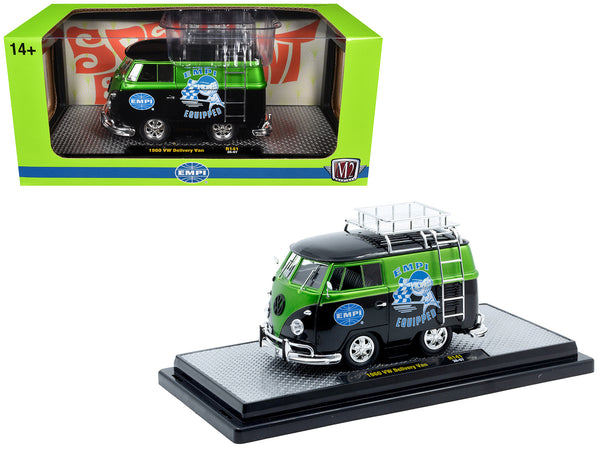 1960 Volkswagen Delivery Van "EMPI Equipped" Black and Green Metallic with Roof Rack and Ladder Limited Edition to 4050 pieces Worldwide 1/24 Diecast Model Car by M2 Machines
