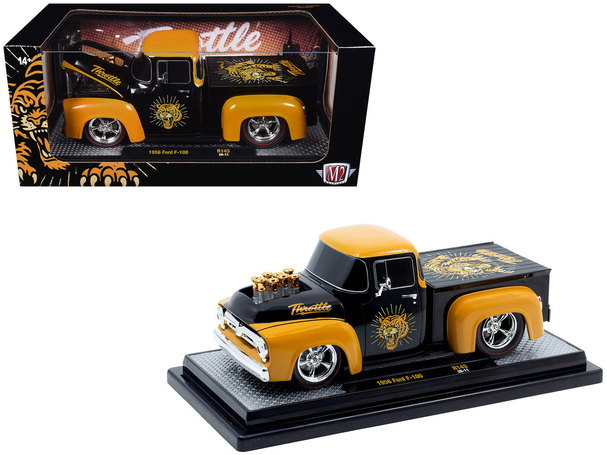 1956 Ford F-100 Pickup Truck "Throttle" Black with Brown Top and Fenders with Graphics Limited Edition to 6250 pieces Worldwide 1/24 Diecast Model Car by M2 Machines