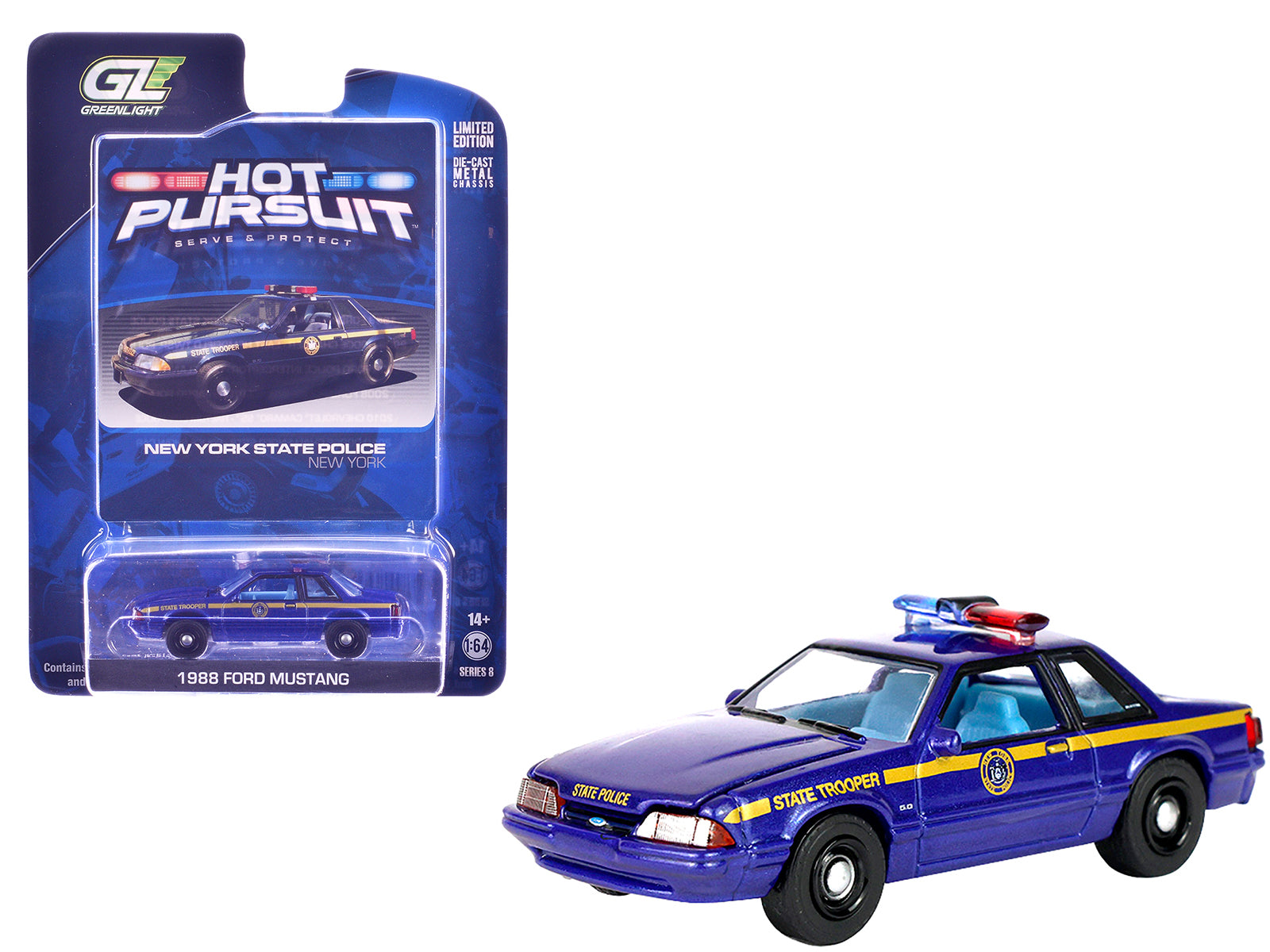 1988 Ford Mustang "New York State Police" Blue with Yellow Stripes and Blue Interior "Hot Pursuit" Series 8 1/64 Diecast Model Car by Greenlight