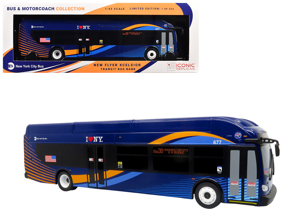 New Flyer Xcelsior Transit Bus Bank "MTA New York City" Blue with Graphics "The Bus & Motorcoach Collection" Limited Edition to 504 Pieces Worldwide 1/43 Model by Iconic Replicas