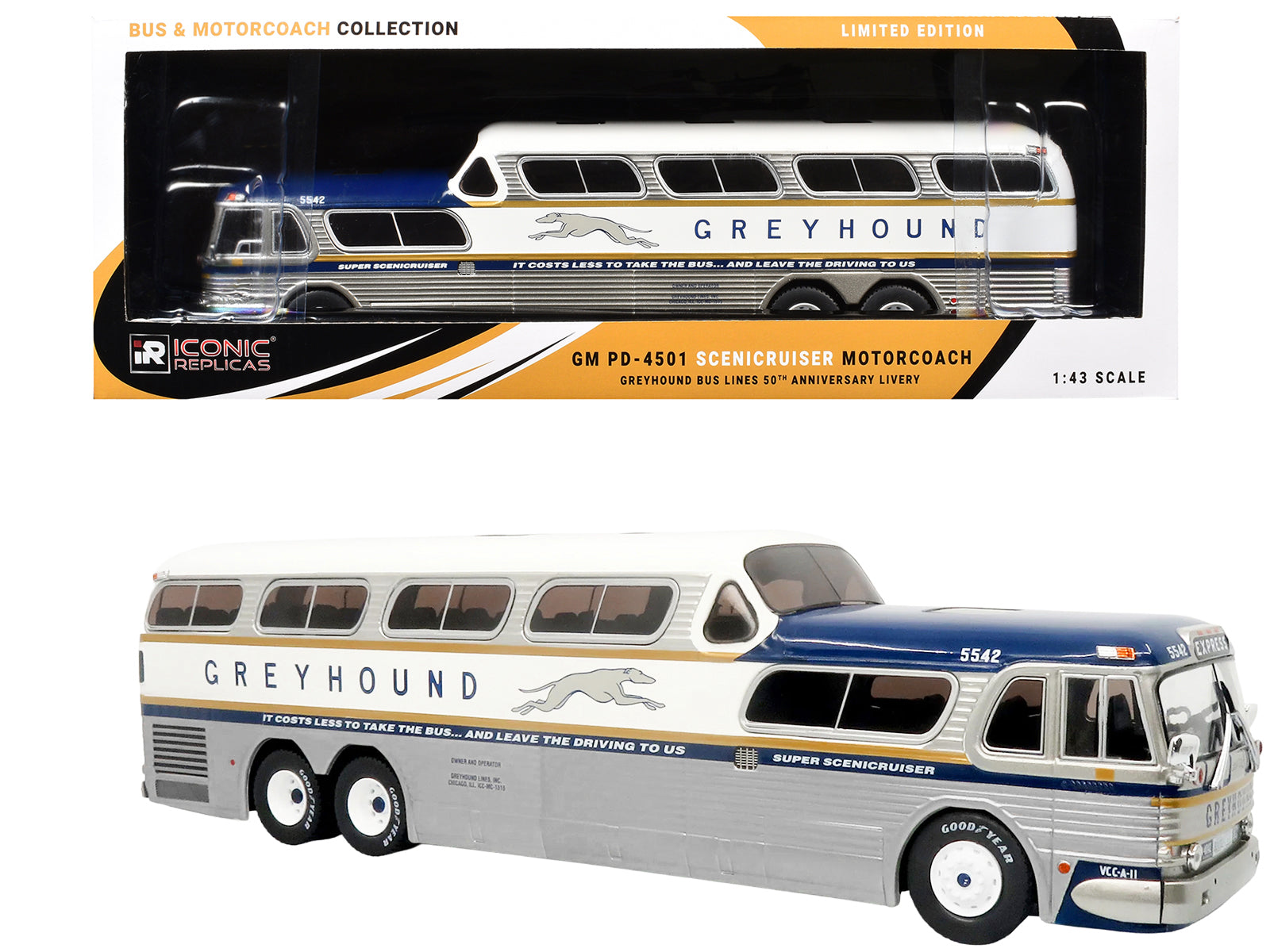 GM PD-4501 Scenicruiser Coach Bus "Greyhound Bus Lines - 50th Anniversary" Raw Metal with Blue and White Top and Gold Stripes "The Bus & Motorcoach Collection" 1/43 Plastic Model by Iconic Replicas