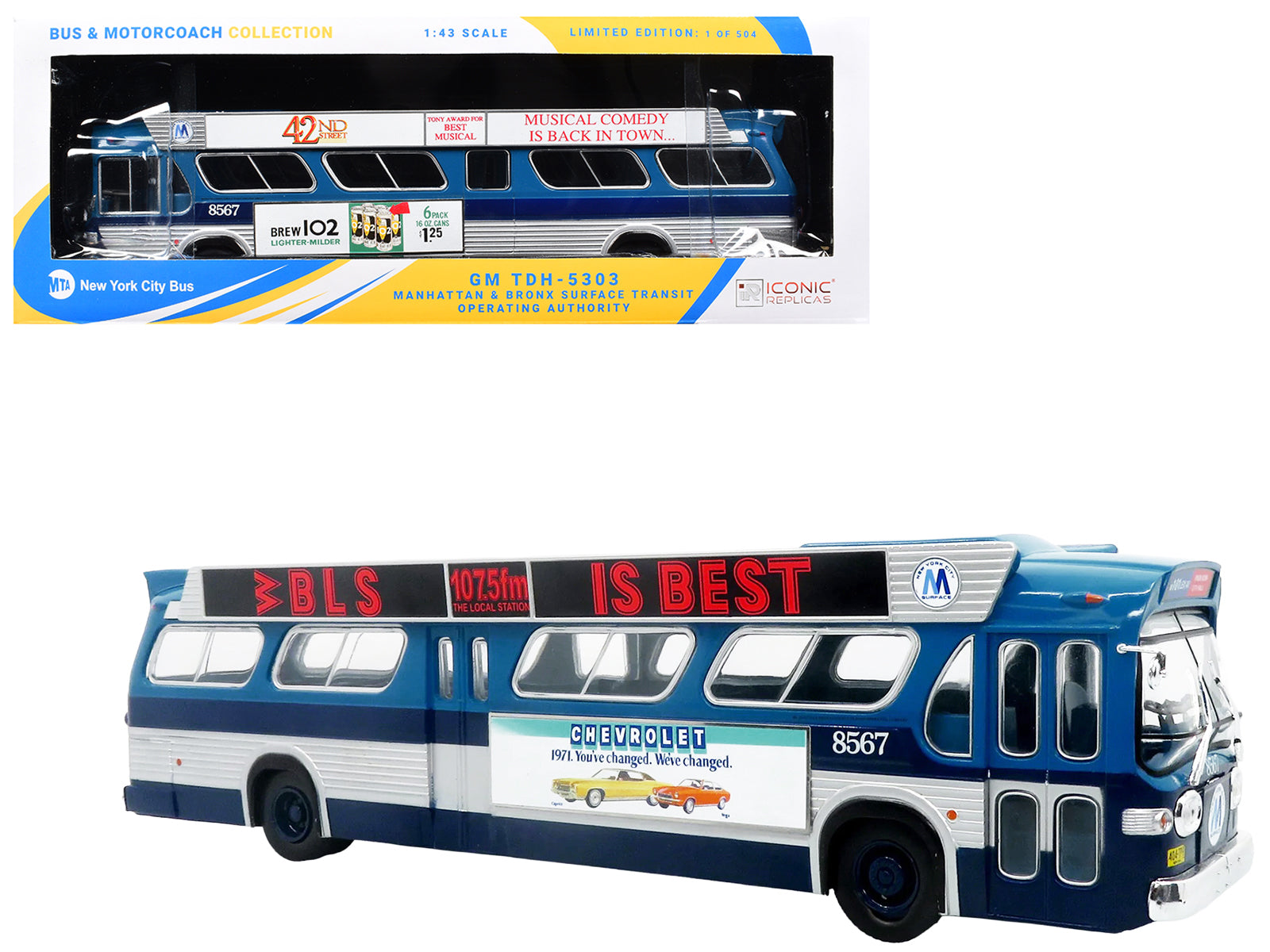 1963 GM TDH-5303 Transit Bus "MTA New York City Surface Transit" Blue Two-Tone with Graphics "The Bus & Motorcoach Collection" Limited Edition to 504 pieces Worldwide 1/43 Plastic Model by Iconic Replicas