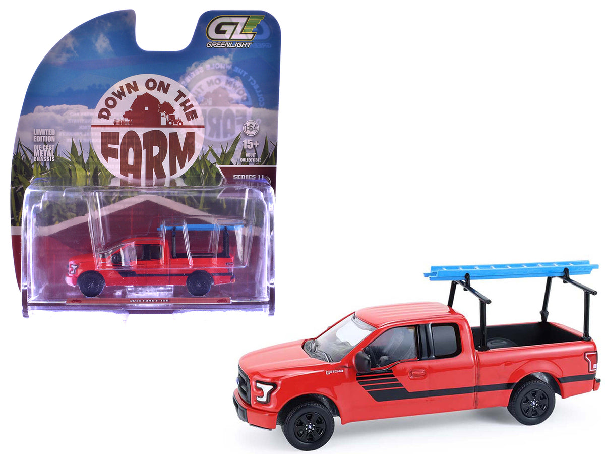 2015 Ford F-150 Pickup Truck with Ladder Rack Red with Black Stripes "Down on the Farm" Series 11 1/64 Diecast Model by Greenlight