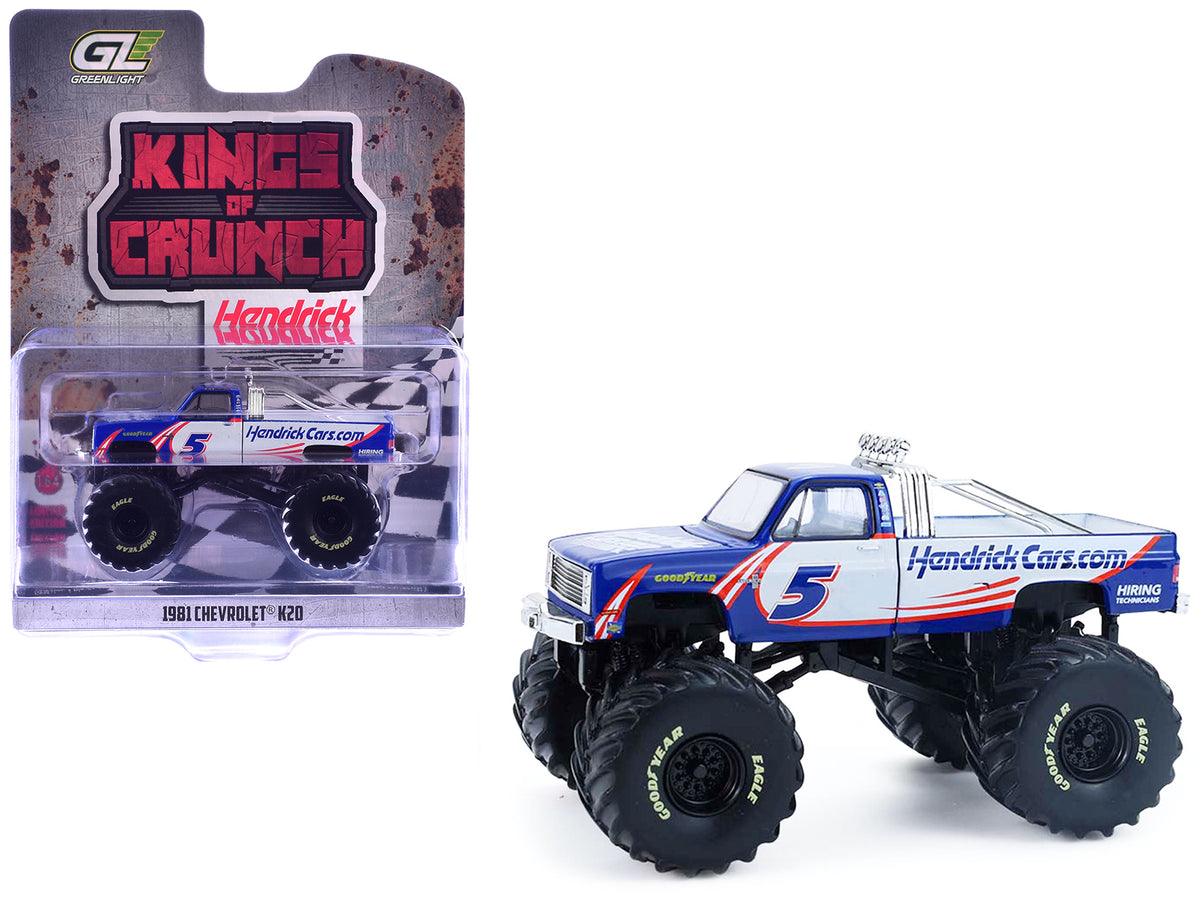 1981 Chevrolet K20 Monster Truck #5 "HendrickCars.com" Blue and White with Graphics "Kings of Crunch - Hendrick Motorsports Tribute" Special Edition 1/64 Diecast Model Car by Greenlight