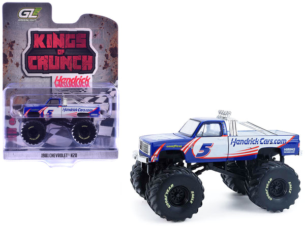 1981 Chevrolet K20 Monster Truck #5 "HendrickCars.com" Blue and White with Graphics "Kings of Crunch - Hendrick Motorsports Tribute" Special Edition 1/64 Diecast Model Car by Greenlight