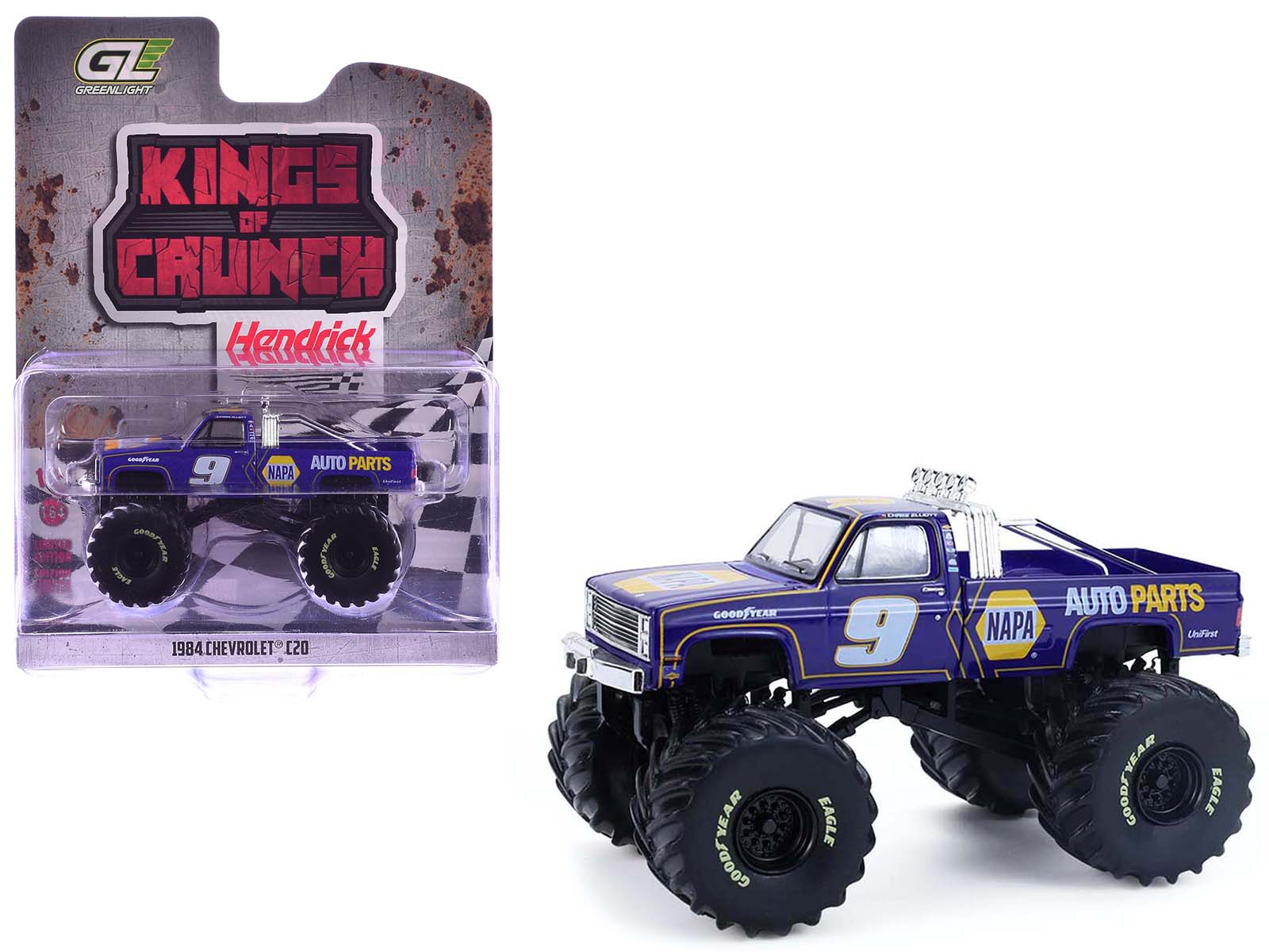 1984 Chevrolet C20 Monster Truck #9 "NAPA" Blue with Graphics "Kings of Crunch - Hendrick Motorsports Tribute" Special Edition 1/64 Diecast Model Car by Greenlight