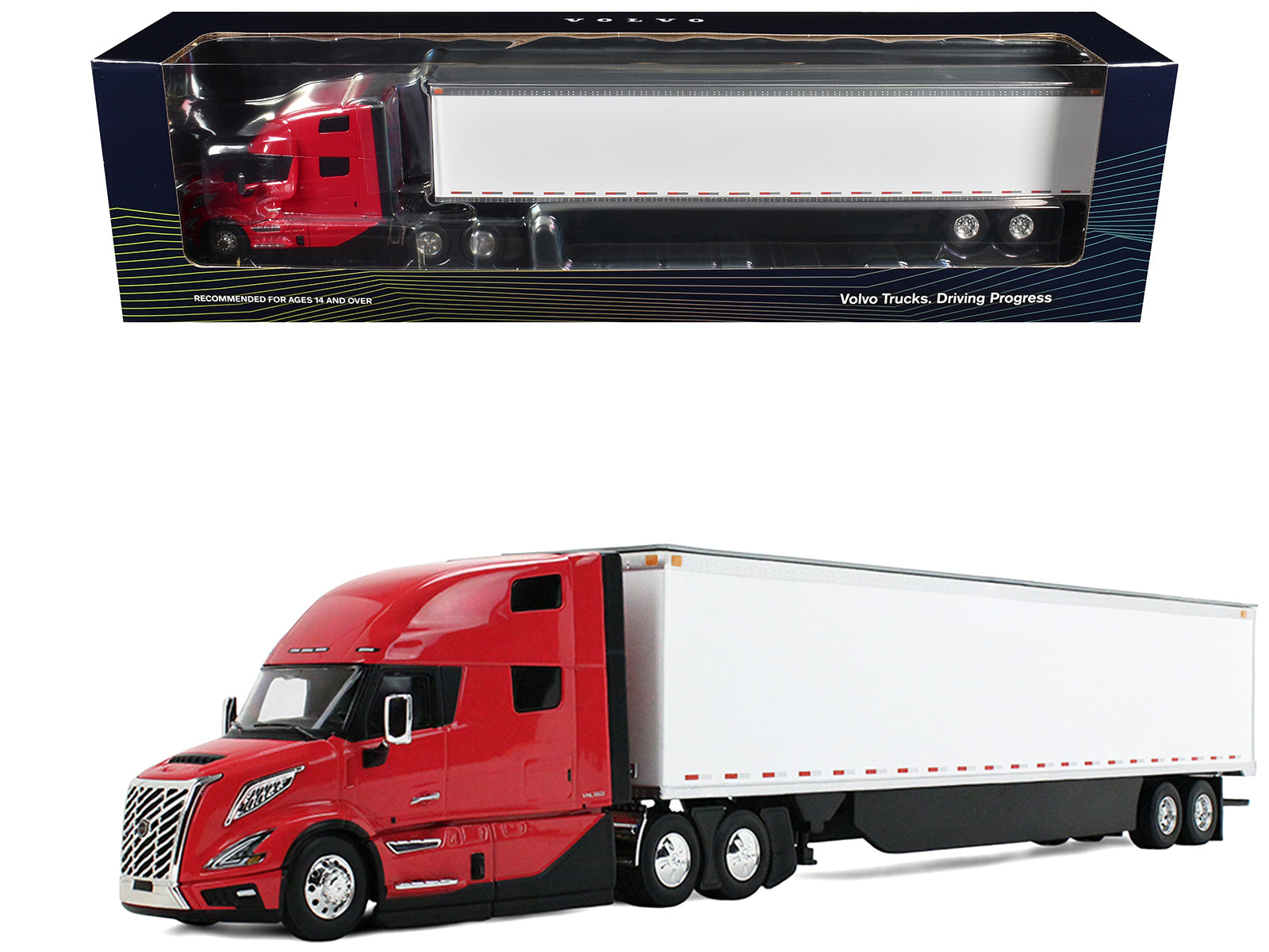 Volvo VNL 860 High-Roof Sleeper and 53' Trailer with Skirts Red with White Trailer 1/50 Diecast Model by First Gear