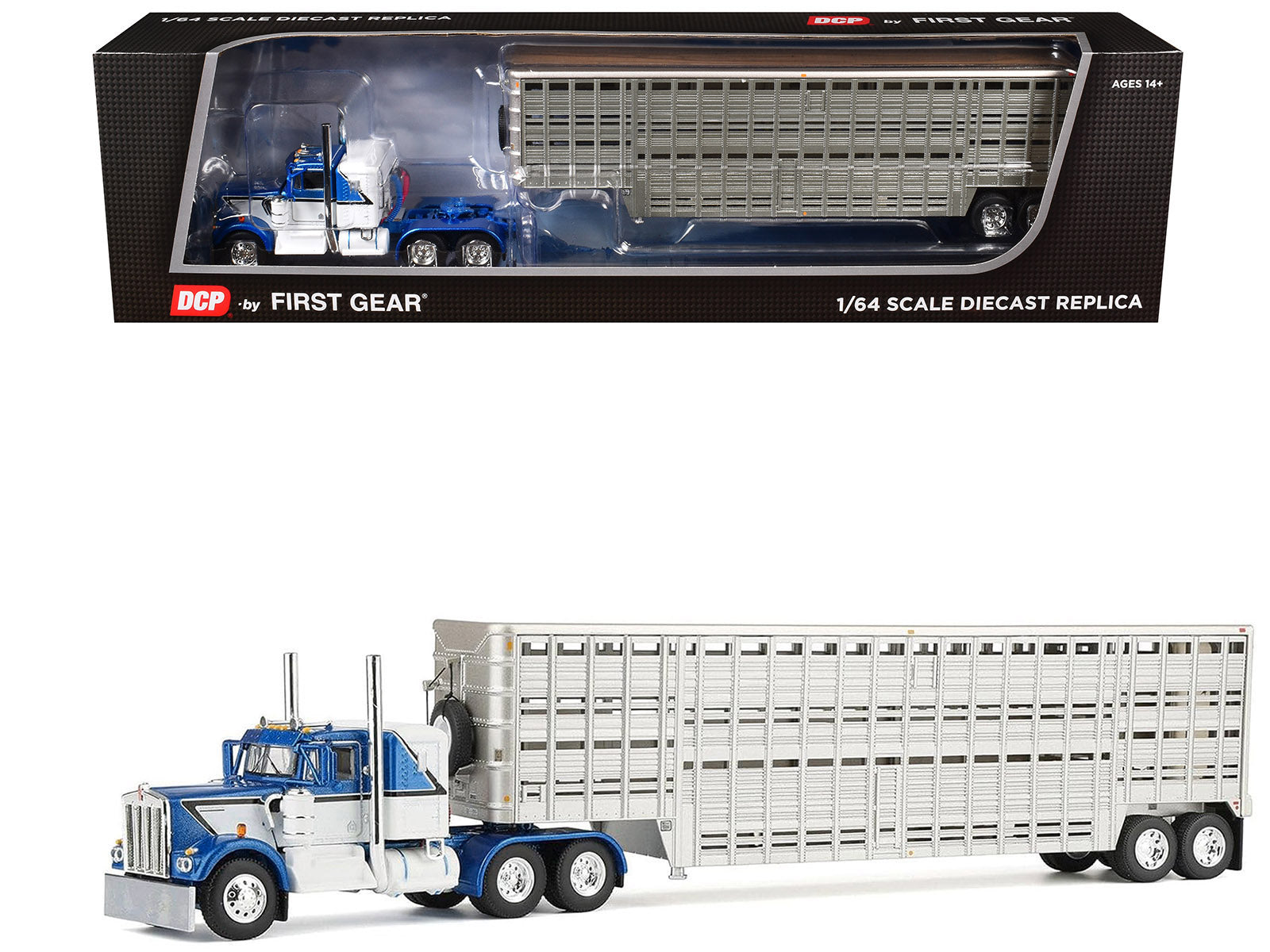Kenworth W900A with 36" Sleeper and 45' Wilson Vintage Livestock Trailer Mariner Blue and White with Silver Trailer 1/64 Diecast Model by DCP/First Gear