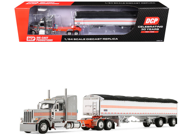 Peterbilt 589 with 58" Mid-Roof Sleeper and 50' Wilson Pacesetter Grain Trailer Silver Metallic with Orange Stripes 1/64 Diecast Model by DCP/First Gear
