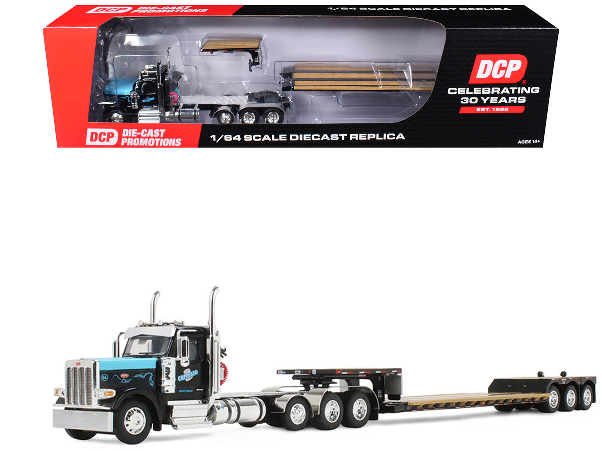Peterbilt 589 Day Cab and Fontaine Renegade LXT40 Lowboy Trailer with Fliptail "Cappello Heavy Transport" Black with Light Blue Hood 1/64 Diecast Model by DCP/First Gear