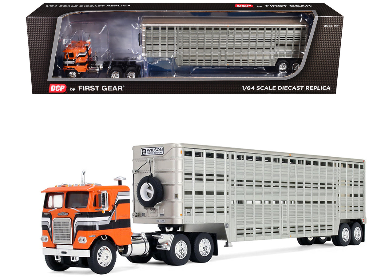 Freightliner COE and 45' Wilson Vintage Livestock Trailer Orange with Stripes 1/64 Diecast Model by DCP/First Gear