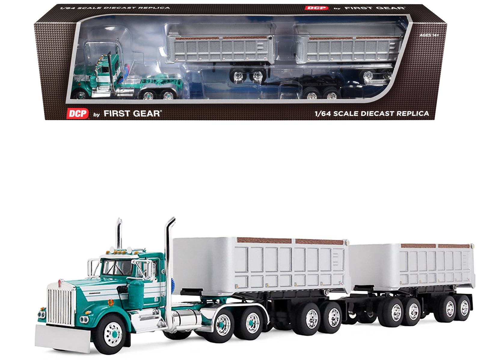 Kenworth W900A Day Cab with 22' Dual End Dump Trailers Turquoise with White Stripes 1/64 Diecast Model by DCP/First Gear
