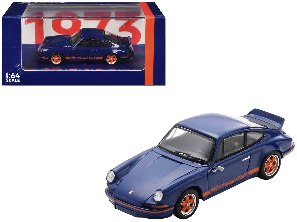 1973 Porsche 911 RS 2.7 Blue with Orange Stripes 1/64 Model Car by Spark
