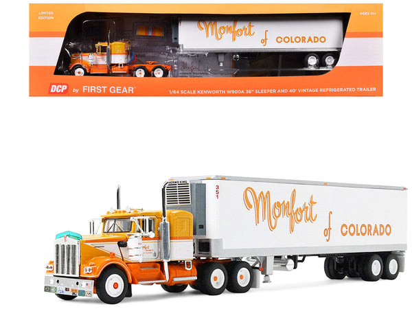Kenworth W900A with 36" Sleeper and 40' Vintage Trailer with Reefer "Monfort of Colorado" Orange and White "Fallen Flag #50" 1/64 Diecast Model by DCP/First Gear