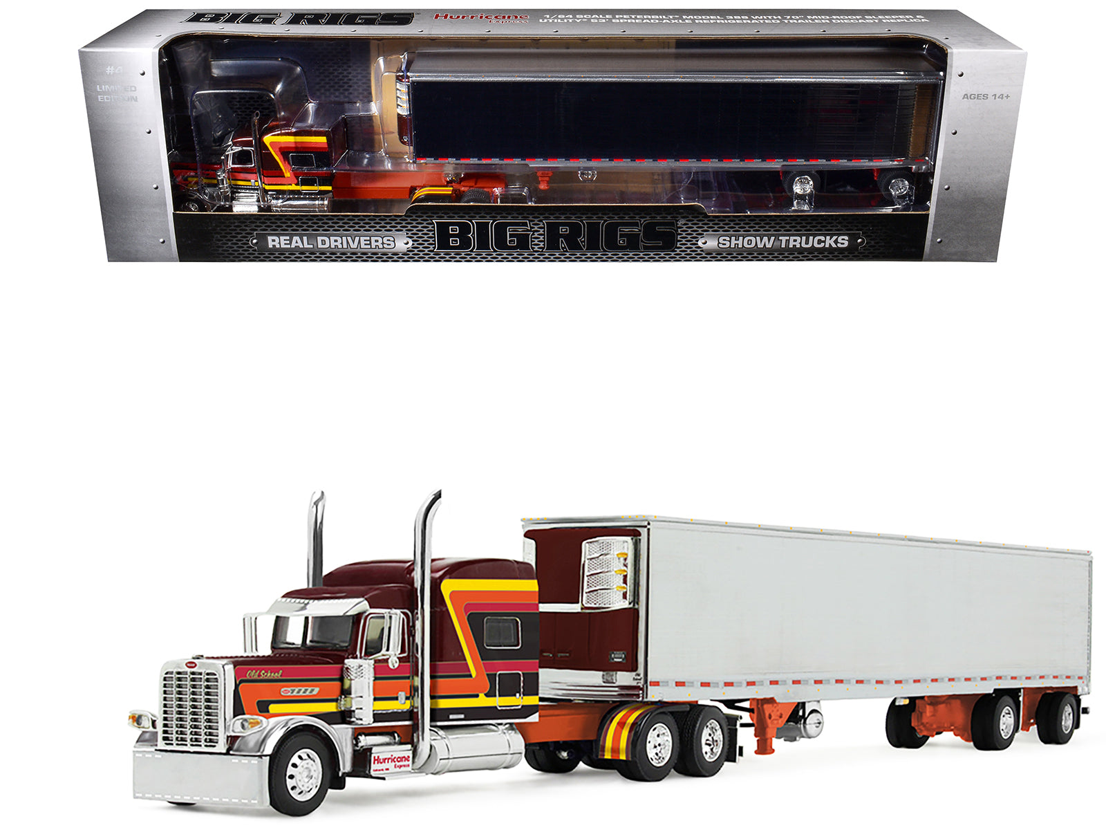Peterbilt 389 Pride-N-Class with 70" Mid-Roof Sleeper and 53' Utility Trailer with Reefer "Hurricane Express" Brown with Stripes "Big Rigs" Series II #4 1/64 Diecast Model by DCP/First Gear