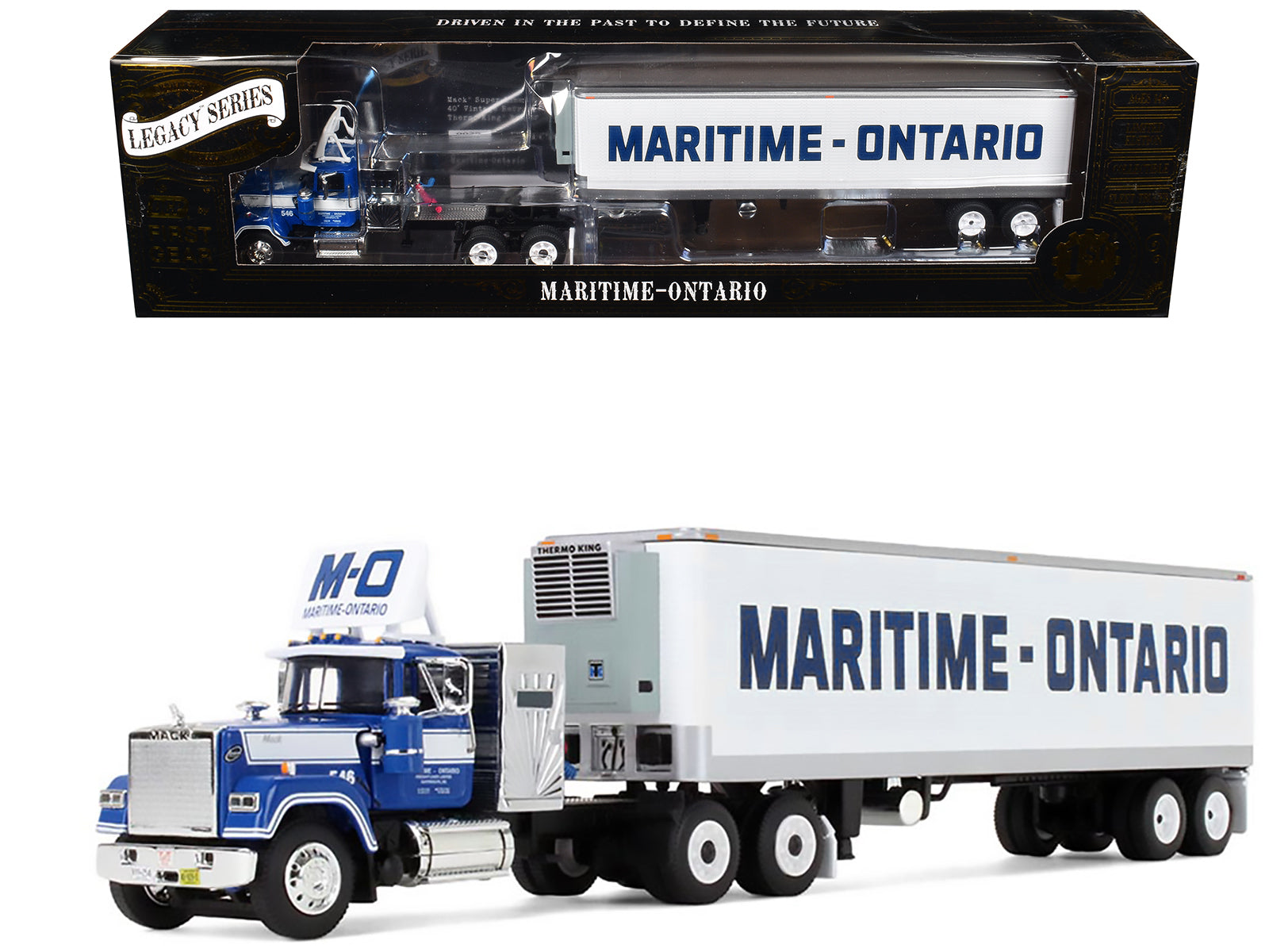 Mack Super-Liner with 36" Vintage Sleeper and 40' Vintage Trailer with Reefer "Maritime-Ontario" Blue with White Stripes "Legacy" Series #4 1/64 Diecast Model by DCP/First Gear