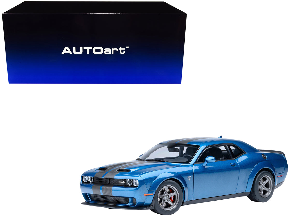2023 Dodge Challenger SRT Super Stock Frostbite Blue Metallic with Carbon Stripes 1/18 Model Car by Autoart