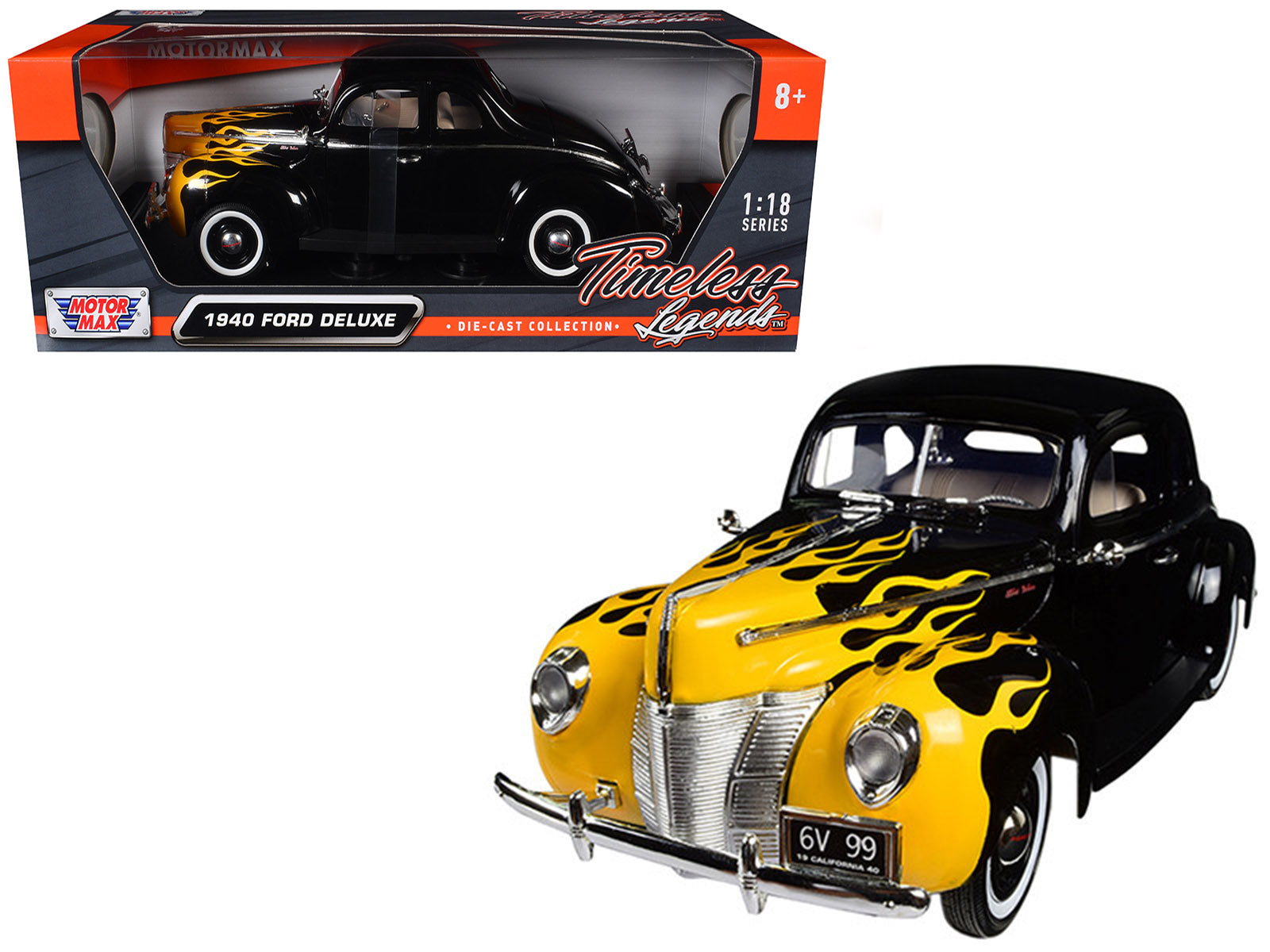 1940 Ford Deluxe Black with Yellow Flames "Timeless Classics" 1/18 Diecast Model Car by Motormax