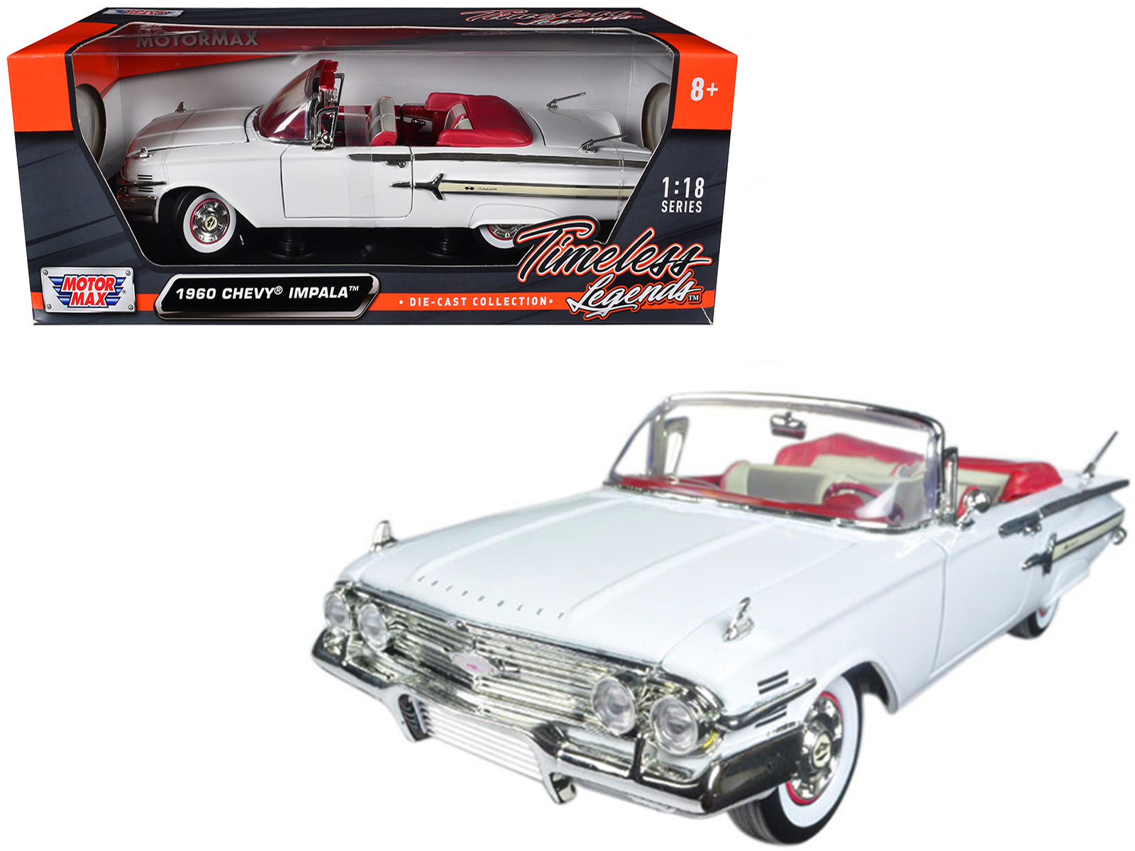 1960 Chevrolet Impala Convertible White with Red Interior 1/18 Diecast Model Car by Motormax