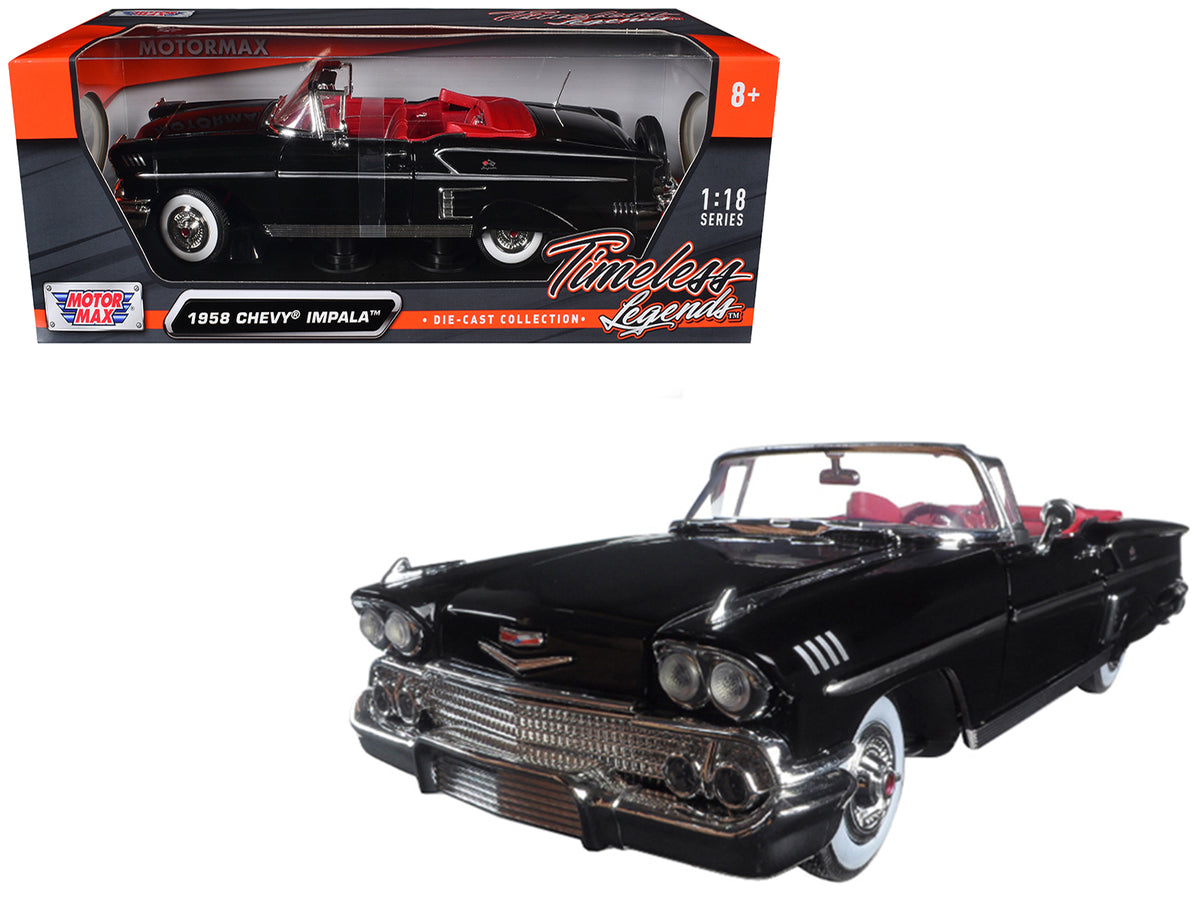 1958 Chevrolet Impala Convertible Black with Red Interior "Timeless Classics" 1/18 Diecast Model Car by Motormax