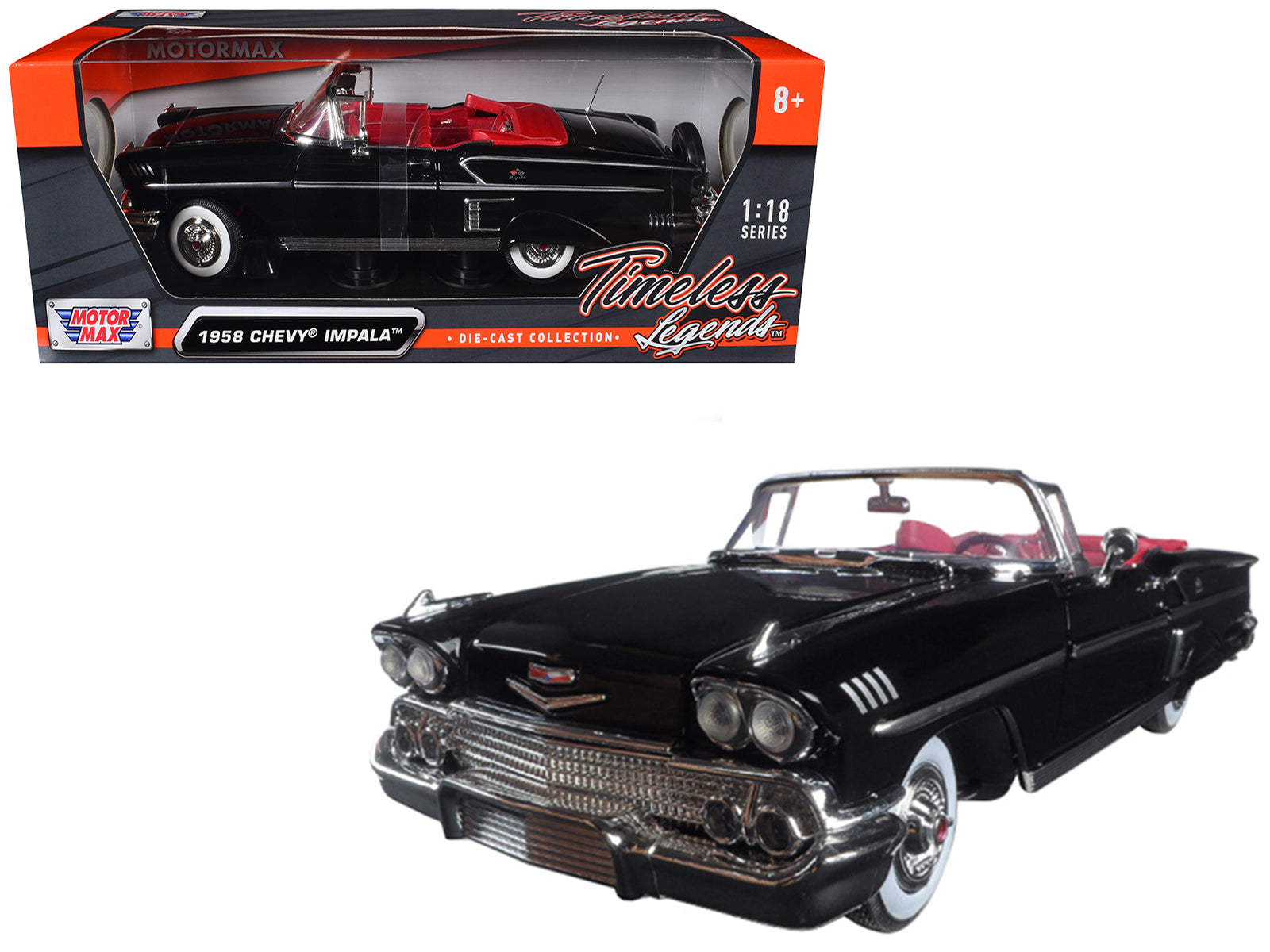 1958 Chevrolet Impala Convertible Black with Red Interior "Timeless Classics" 1/18 Diecast Model Car by Motormax