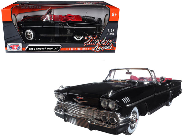 1958 Chevrolet Impala Convertible Black with Red Interior "Timeless Classics" 1/18 Diecast Model Car by Motormax
