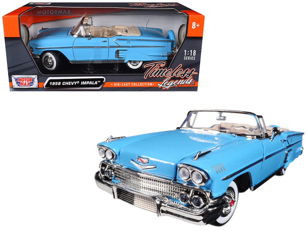 1958 Chevrolet Impala Convertible Light Blue "Timeless Classics" 1/18 Diecast Model Car by Motormax