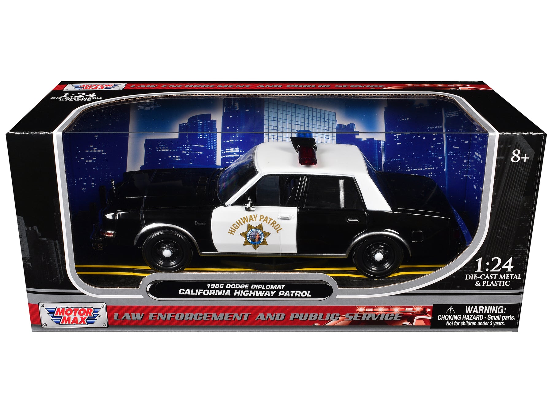 1986 Dodge Diplomat Police Car "California Highway Patrol" Black and White "Law Enforcement and Public Service" Series 1/24 Diecast Model Car by Motormax