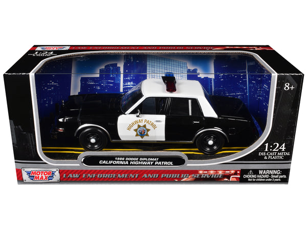 1986 Dodge Diplomat Police Car "California Highway Patrol" Black and White "Law Enforcement and Public Service" Series 1/24 Diecast Model Car by Motormax