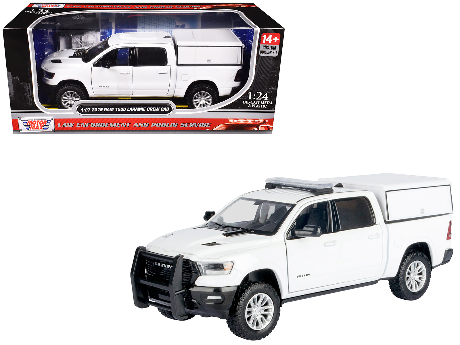 2019 RAM 1500 Laramie Crew Cab Pickup Truck with Truck Bed Camper White "Custom Builder's Kit" Series 1/27 Diecast Model Car by Motormax
