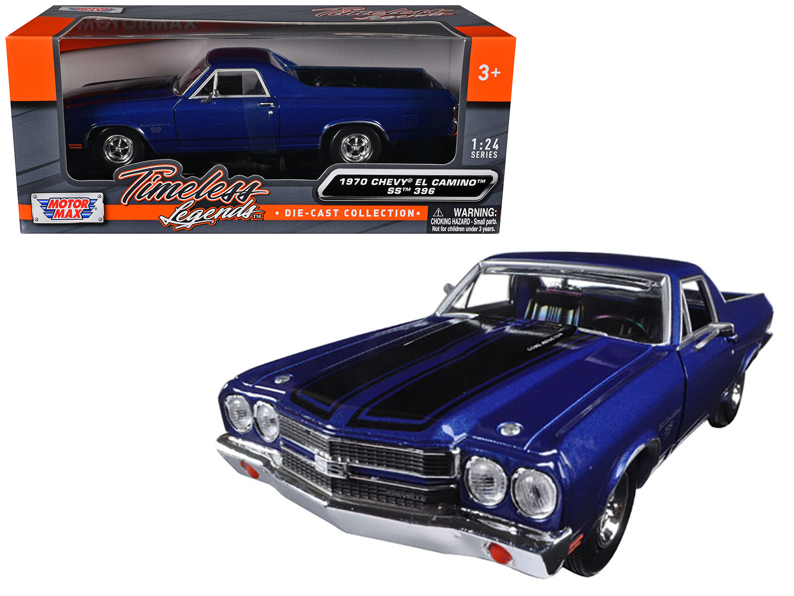 1970 Chevrolet El Camino SS 396 Dark Blue Metallic with Black Stripes 1/24 Diecast Model Car by Motormax