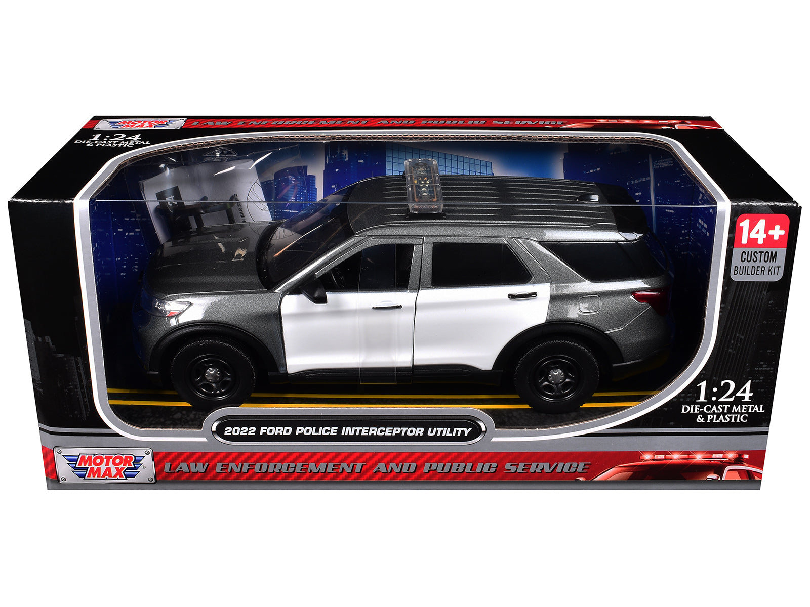 2022 Ford Police Interceptor Utility Gray Metallic with White Doors "Builder's Kit" with Flashing Light Bar and Front and Rear Lights and Sounds 1/24 Diecast Model Car by Motormax