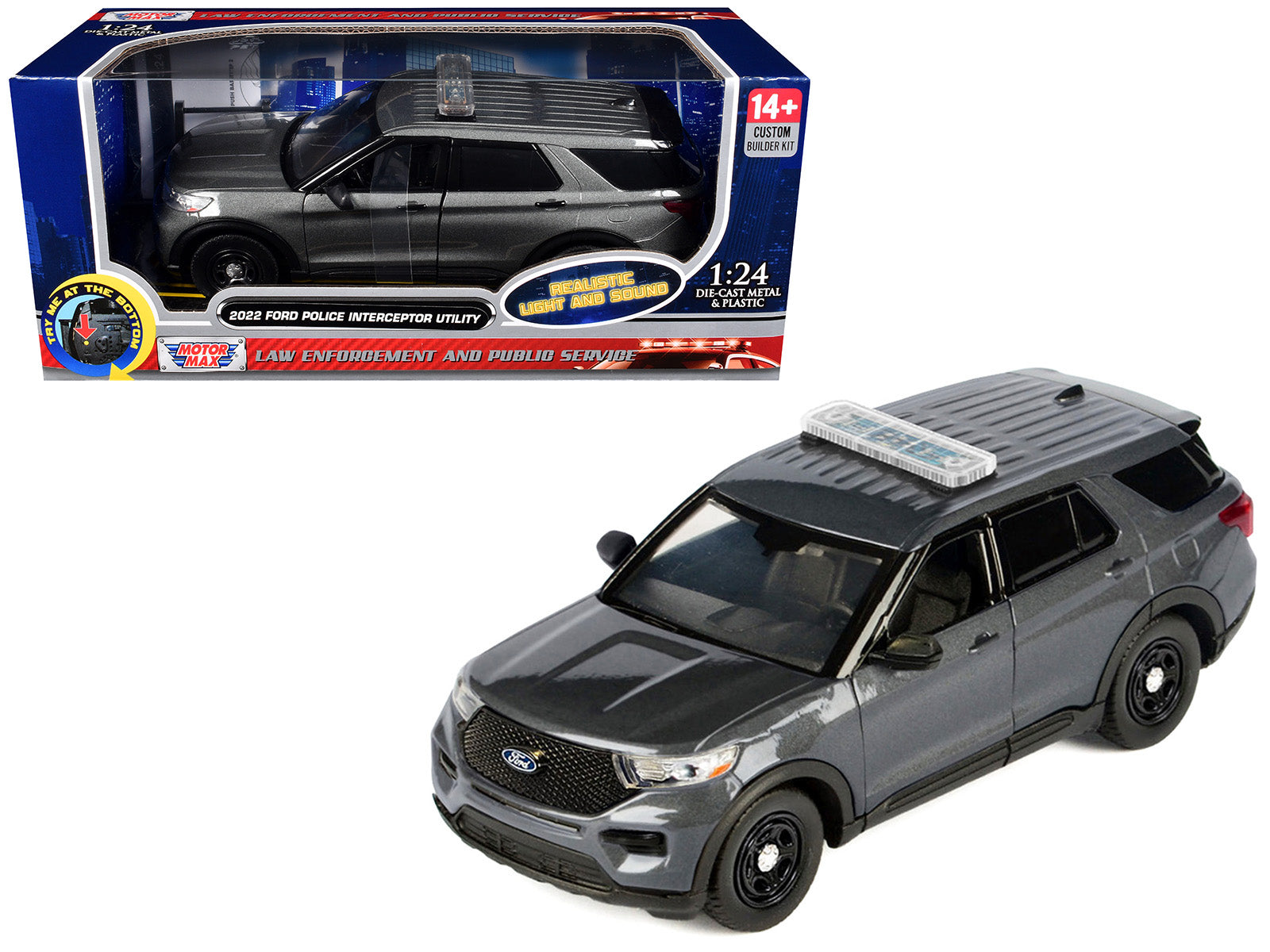 2022 Ford Police Interceptor Utility Dark Gray Metallic "Builder's Kit" with Flashing Light Bar and Front and Rear Lights and Sounds 1/24 Diecast Model Car by Motormax