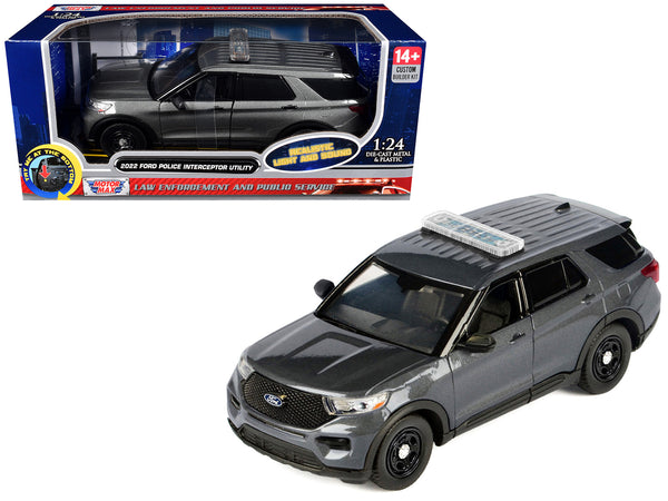 2022 Ford Police Interceptor Utility Dark Gray Metallic "Builder's Kit" with Flashing Light Bar and Front and Rear Lights and Sounds 1/24 Diecast Model Car by Motormax