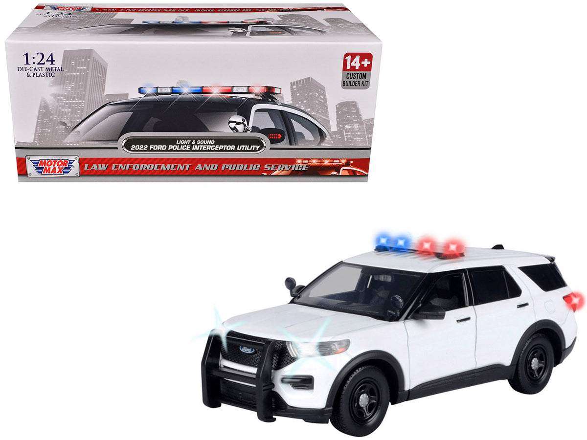 2022 Ford Police Interceptor Utility Plain White "Builder's Kit" with Flashing Light Bar and Front and Rear Lights and Sounds 1/24 Diecast Model Car by Motormax