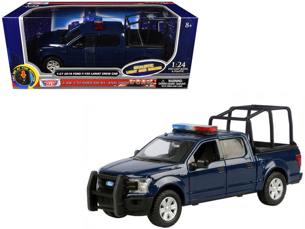 2019 Ford F-150 Lariat Crew Cab Pickup Truck with Bed Cage Dark Blue with Flashing Light Bar and Front and Rear Lights and Sounds 1/27 Diecast Model Car by Motormax