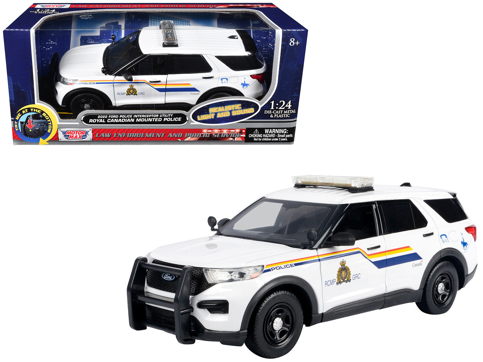 2022 Ford Police Interceptor Utility White "Royal Canadian Mounted Police (RCMP)" with Flashing Light Bar and Front and Rear Lights and Sounds 1/24 Diecast Model Car by Motormax