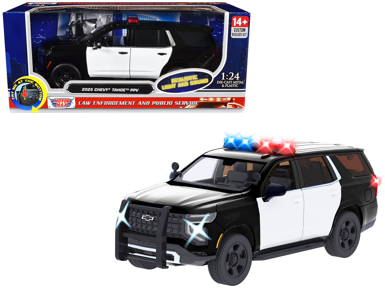2025 Chevrolet Tahoe PPV Black and White "Builder's Kit" with Flashing Light Bar and Front and Rear Lights and Sounds 1/24 Diecast Model Car by Motormax