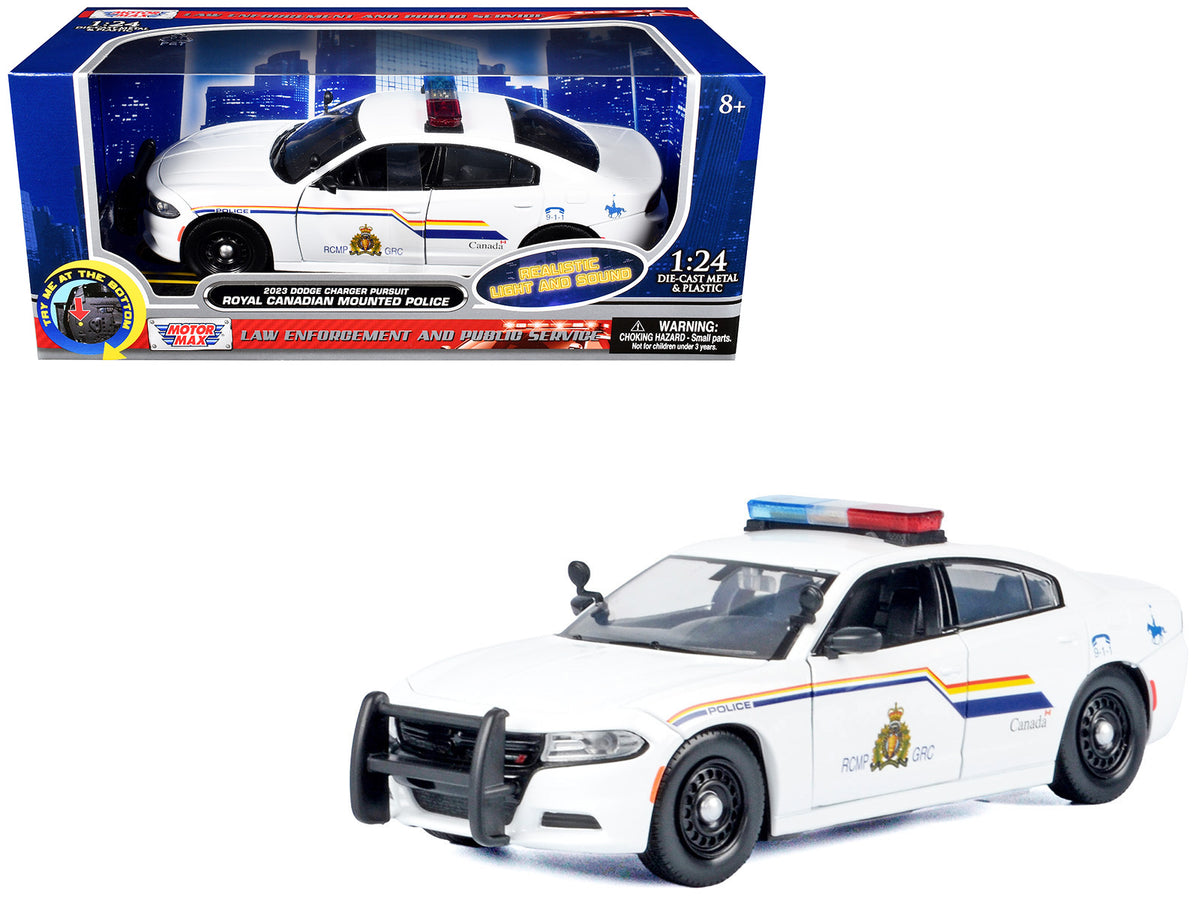 2023 Dodge Charger Pursuit Police Car "Royal Canadian Mounted Police (RCMP)" White with Flashing Light Bar and Front and Rear Lights and Sound 1/24 Diecast Model Car by Motormax